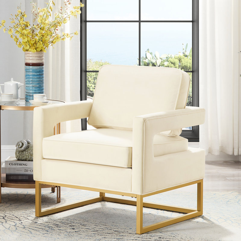 Chaise d'appoint moderne en velours crème avec base en métal et assise élégante ouverte, Crème