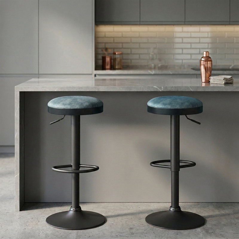 Swivel Upholstered Adjustable Height Counter Stool with Metal Frame, Blue