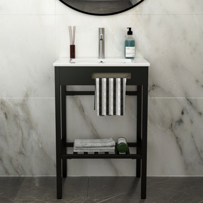 24" X 18" Bathroom Ceramic Console Sink With Overflow And Black Legs, Hygienic Stain - , Low Water Absorption, Wall Mounted For Floor Space Saving White Sink, Overflow, Construction, Easy