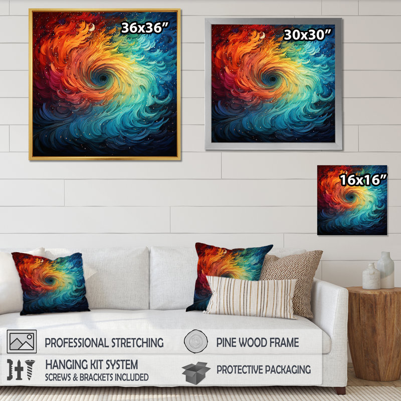 Orage coloré tourbillon kaléidoscope II - art mural abstrait, salon, H 16 po x l 16 po x P 1 po, Cadre flottant noir