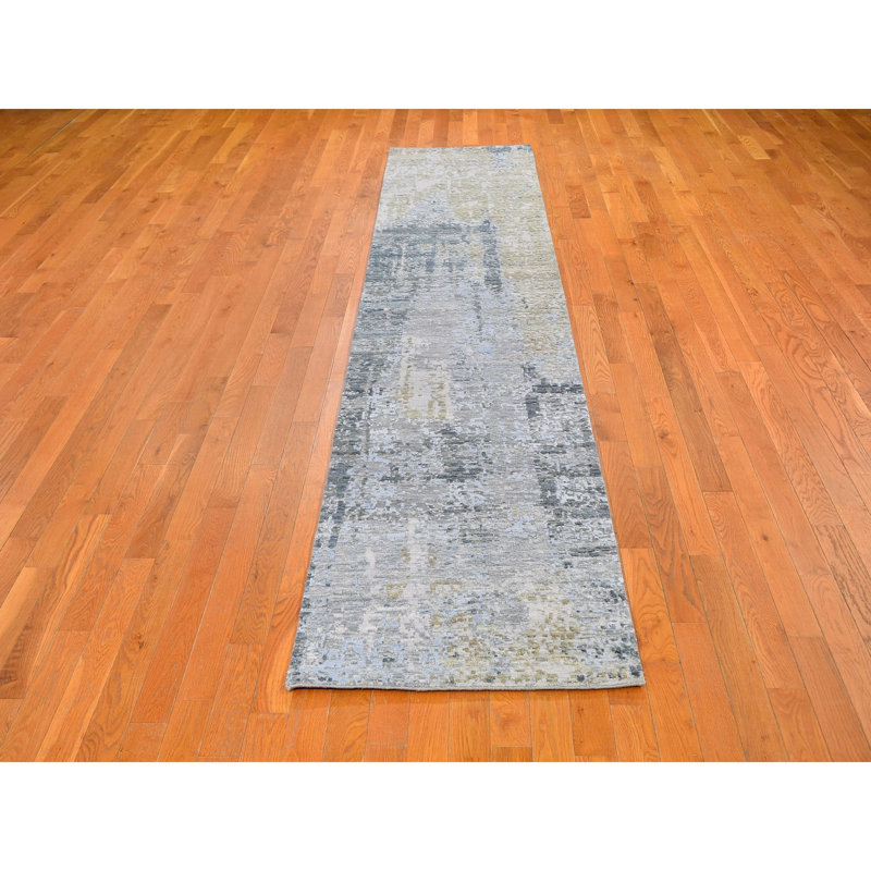 Tapis de couloir unique bleu / gris noué à la main 2 pi 6 po x 12 pi 3 po Freyia