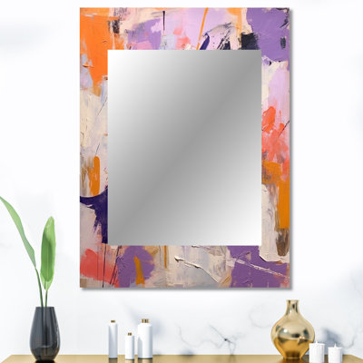 Poétique expressionniste en mauve et orange I - abstrait, collage mural, miroir mauve, impression sur métal