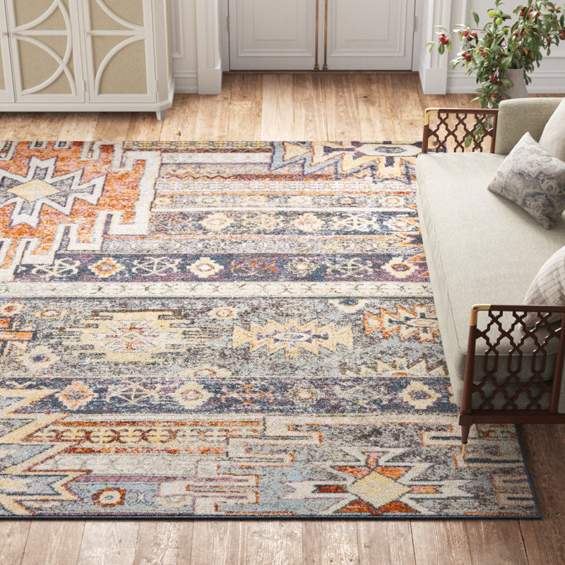 Tapis bleu / orange tissé à la machine Jamieson, Rectangle 8 pi 10 po x 12 pi