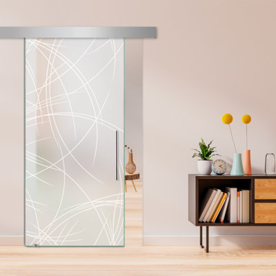 Porte de grange coulissante en verre sans cadre avec design moderne givré + ensemble de quincaillerie (double-privé)