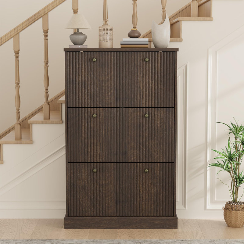 Modern Narrow Wave Shoe Cabinet with 3 Flip Drawers – Adjustable Shelves, Wooden Freestanding Organizer for Entryway, Living Room, Hallway (Walnut)