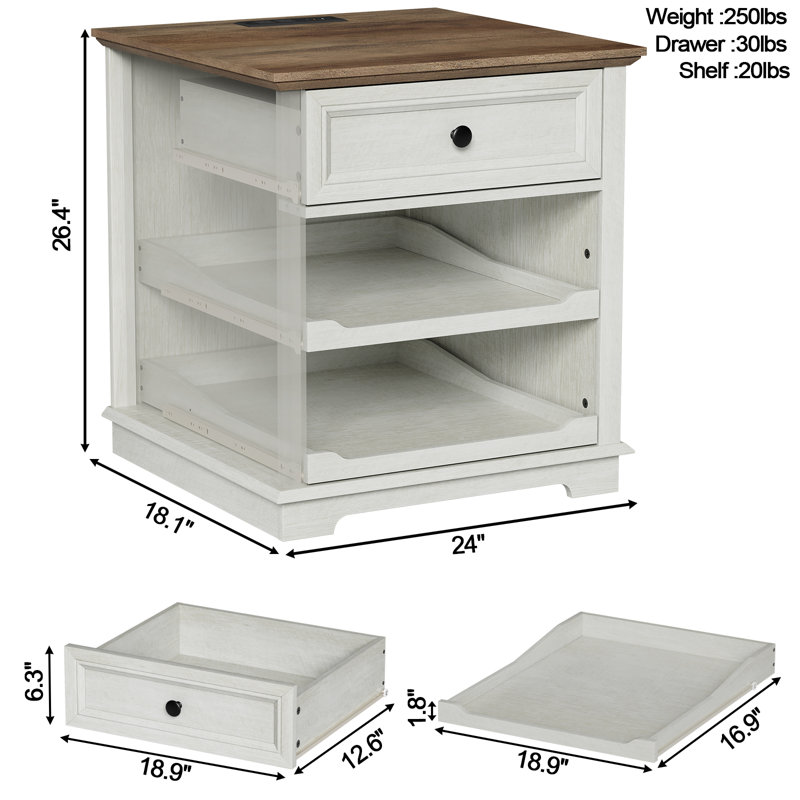 Monrovia 1 - Drawer Set Tray End Tables With Storage and Built-In Outlets, Brown/White