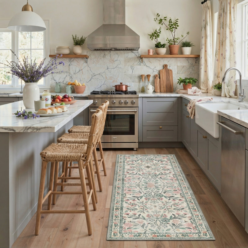 Verdant Floral Vines Machine Washable Green / Pink / Beige Indoor Area Rug with Non-Slip Backing, Runner 2'5" x 8'