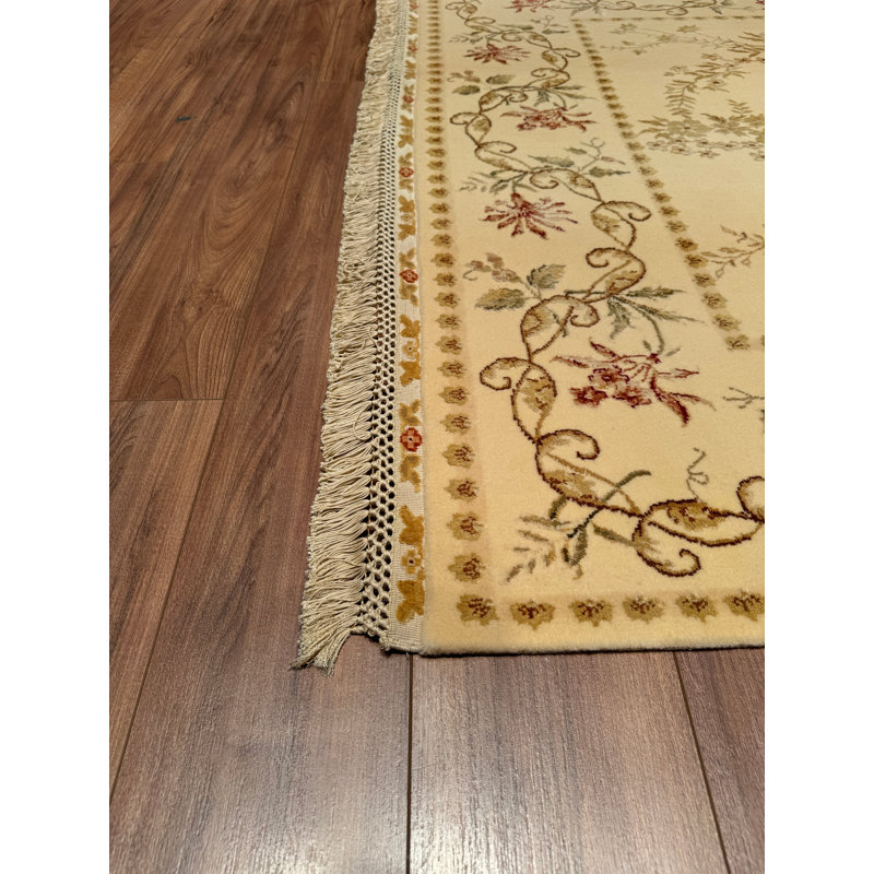 Original Hand Knotted Traditional Pattern Cream Wool and Silk Rug