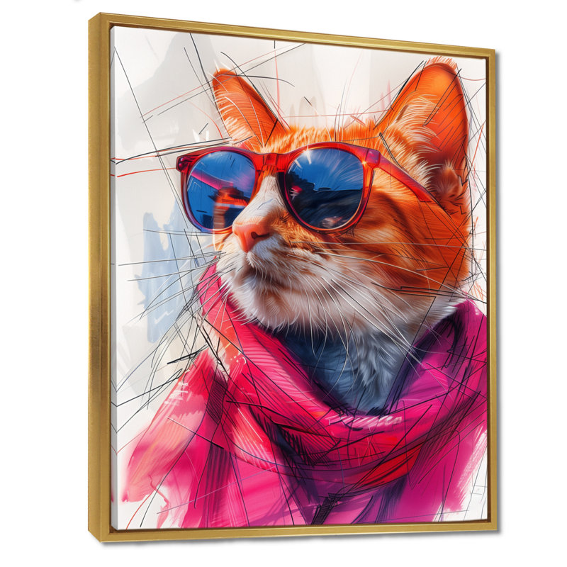 Chat curieux rose avec lunettes de soleil, Cadre flottant doré, H 24 po x l 32 po x P 1 po