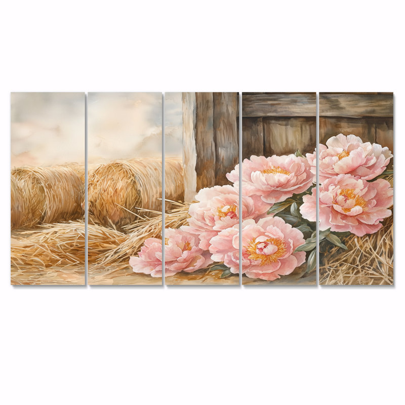 Fermes de pivoines dans la ferme Hayloft III - Art mural - Ensemble de décorations murales, H 28 po x l 60 po, 5