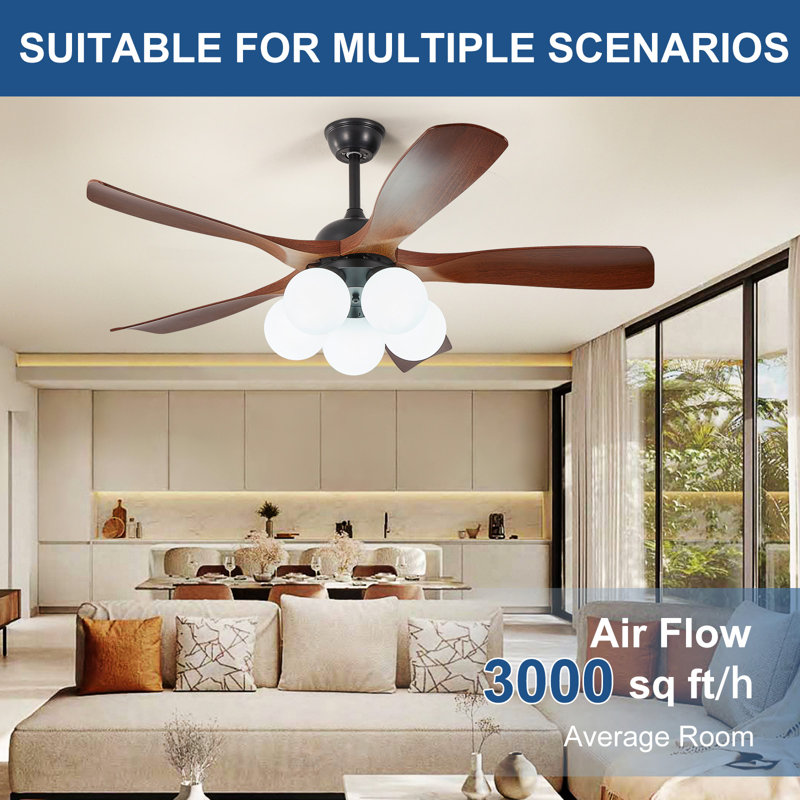 Ventilateur de plafond moderne à 5 pales de 46 po en noyer avec lumière 5 * E26 (sans ampoule), télécommande, débit d'air réversible à 6 vitesses, réglable en hauteur, silencieux pour le salon de la chambre à coucher