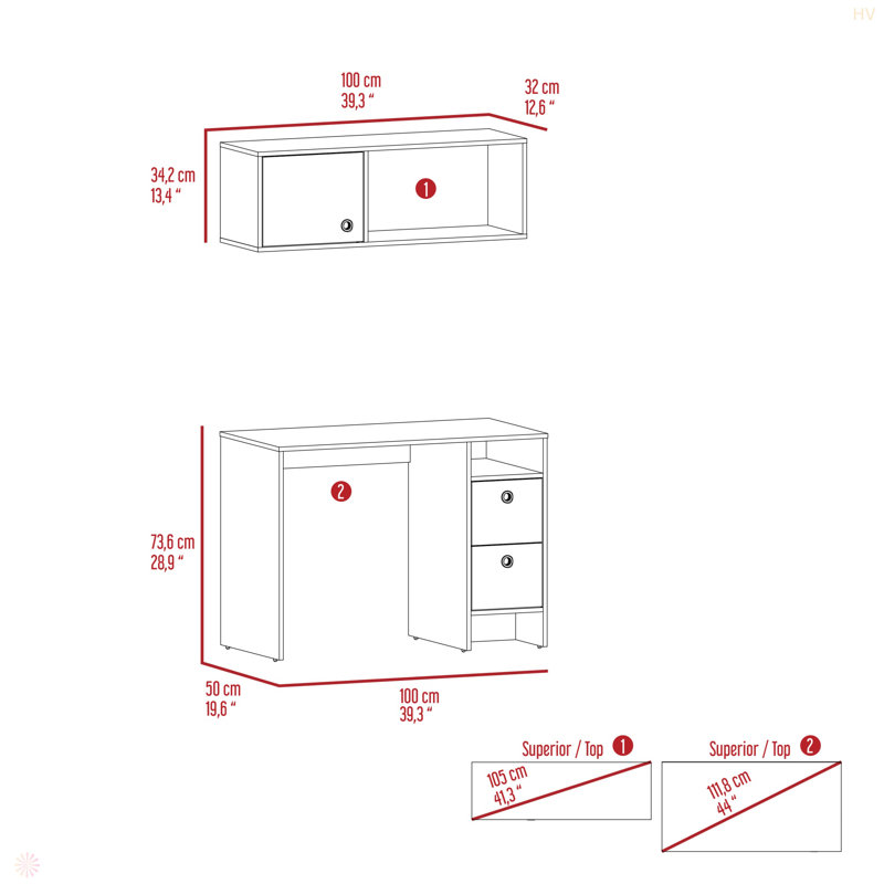 Ensemble de bureau Budest, bureau, deux tiroirs et une tablette