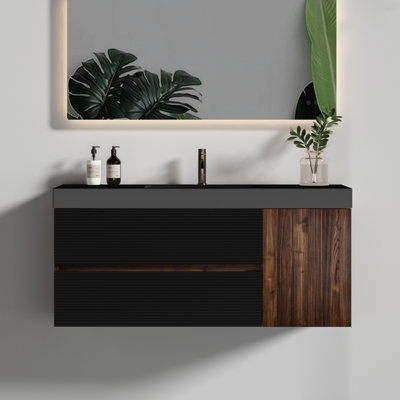 48" Walnut Wall Mounted Floating Bathroom Vanity With Matt Black Engineered Quartz Sink, 1 Door And 2 Silent Soft - Closing Drawers, E1 Grade Panel, E0 Lacquer Finish, Hidden Handle, Ideal For Modern