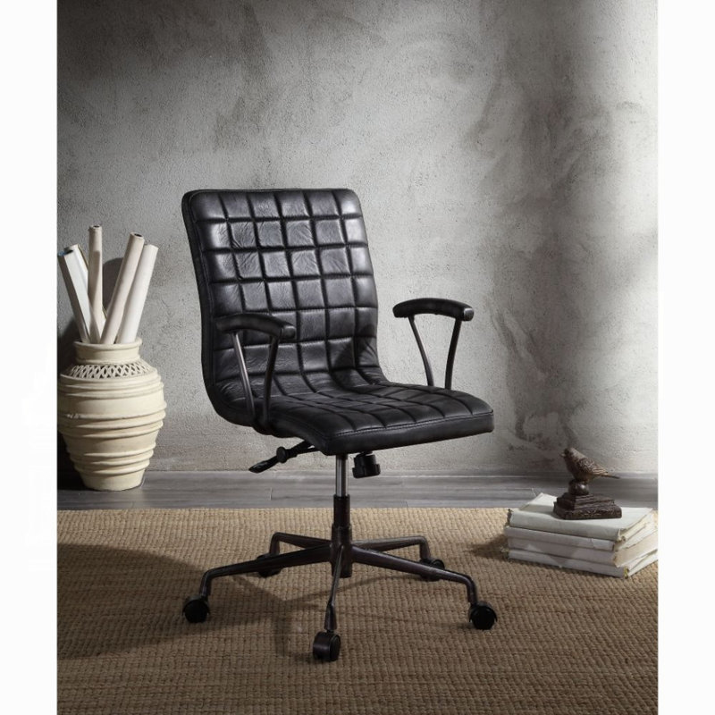 Genuine Industrial Office Chair with 5-Star Base and Caster Wheels in Vintage Black and Aluminum