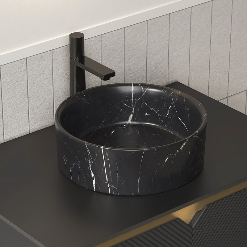 Matte Black 14'' Round Ceramic Sink For Bathroom, Stone Pattern, Hazy Gray Veined Textures, Long - Term Use And Stain Proof, 14.02 In Width Bathroom Sink, Black, Veined, Easy To Care , Width, 4.83