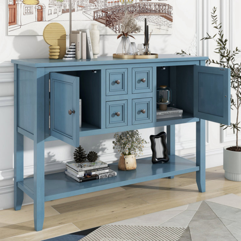 Keyania Coffee Console Table with Four Small Drawers and Bottom Shelf, Dark Blue
