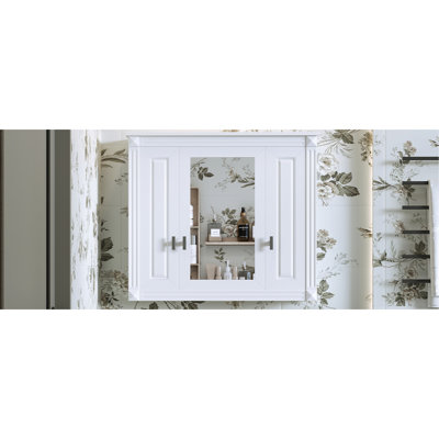 White Bathroom Mirror Cabinet With 4 Adjustable Shelves, Wall Mounted, Space Saving Simple Style