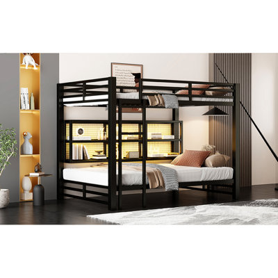 Black Metal Bunk Bed With Queen Over Configuration, 7 - Color Led, Ample Storage For Cosmetics Bed, Finish, Supplies