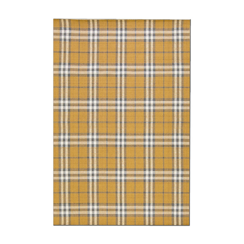 Yellow Grey Plaid Patterned Woven Base Rug, Rectangle 3'3.37" x 4'11.06"