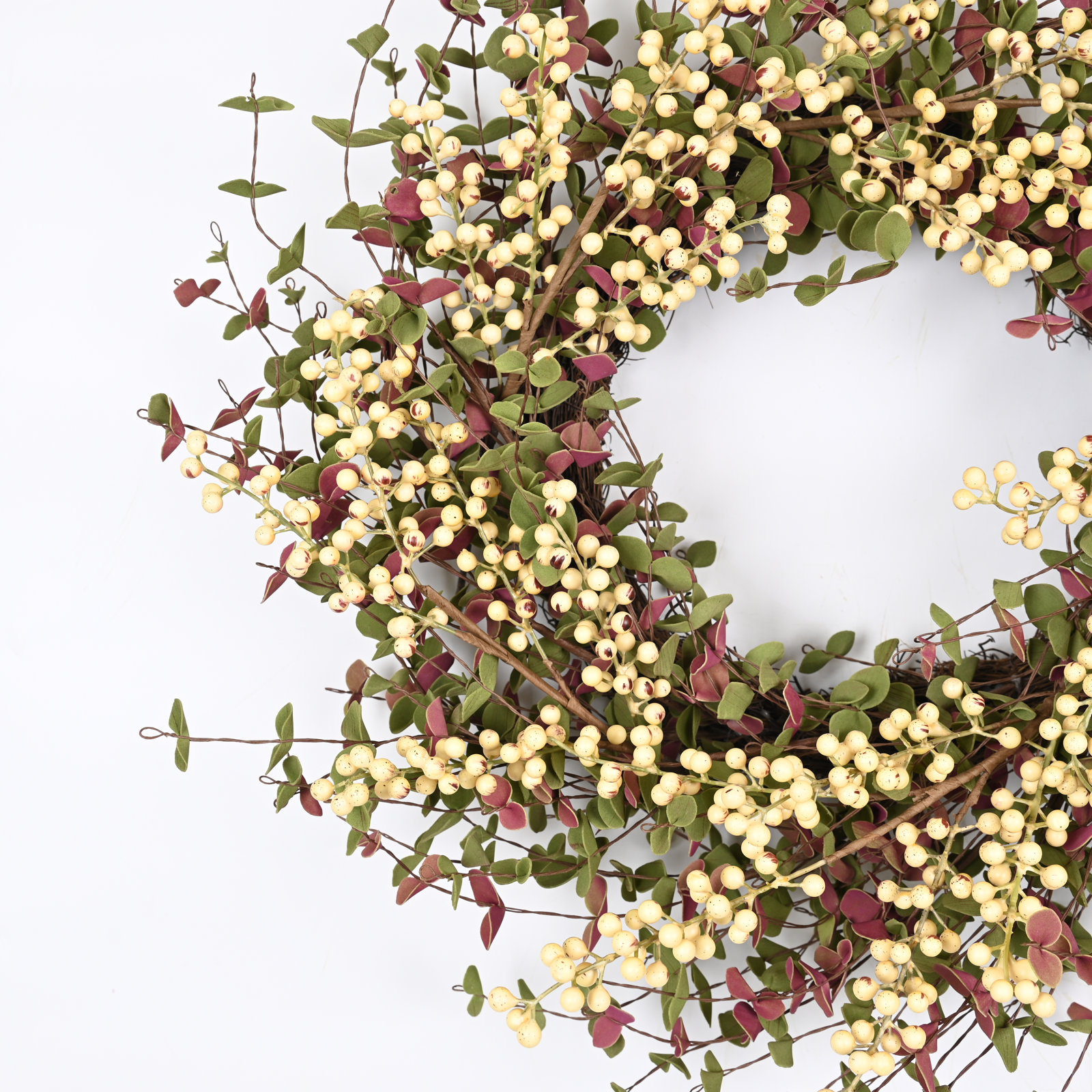 Artificial Farmhouse Blossoms Cluster Greenery Mini Eucalyptus Berry Thanksgiving Day Fall Wreath For Front Door, Cream/Green