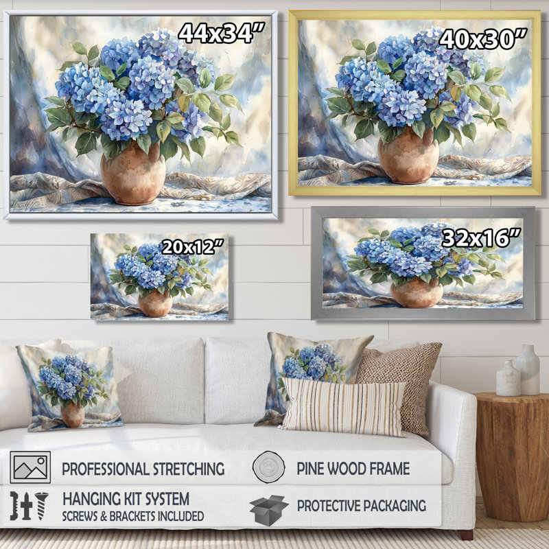 Ikshan hortensias dans un décor de rêve II - hydrangées grand art mural, H 30 po x l 40 po, Impression encadrée flottante