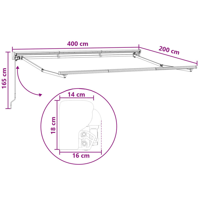 VidaXL Polyester Cover Retractable Patio Awning, Solid Colour, 165cm H x 400cm W x 200cm D, Taupe