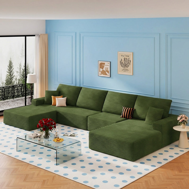 Canapé modulaire Boneless de 4 pièces avec canapé-lit Boneless, Velours côtelé vert, Orienté à droite