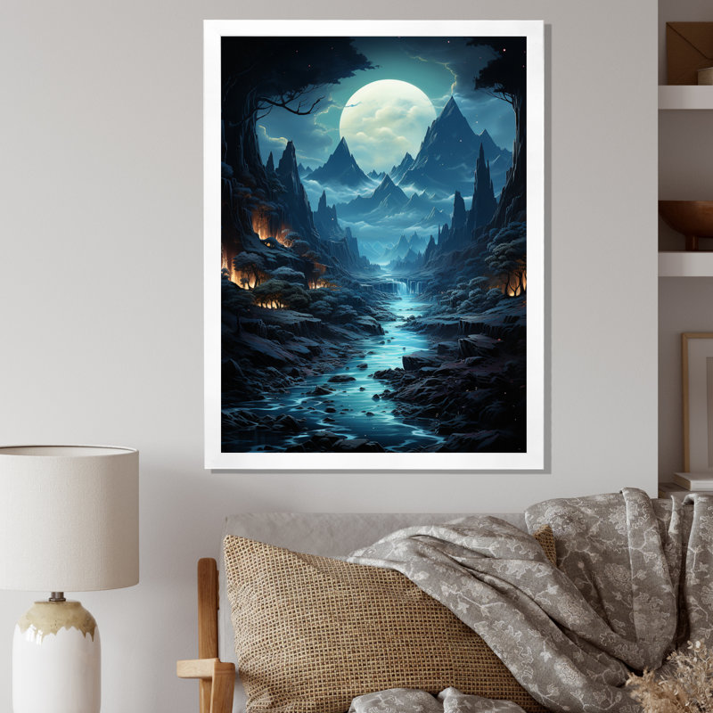 Blue Moon Mountain Landscape - impression, Cadre simple blanc, H 32 po x l 16 po x P 1 po