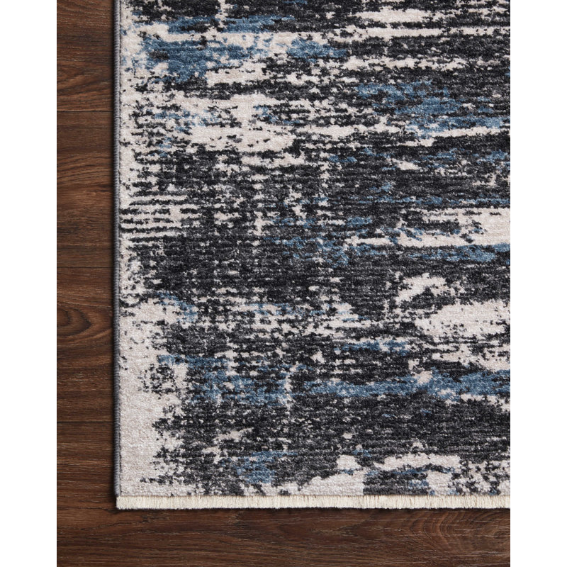 Charcoal Black and Steel Blue Abstract Fringe Rug - 27" x 46"