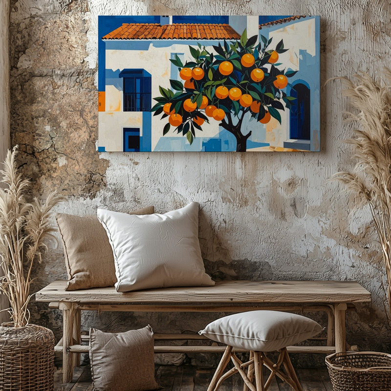 Canvas Mediterranean Orange Tree Canvasstylized Street Scene With Whitewashed House Wall Art, 9" H x 12" W