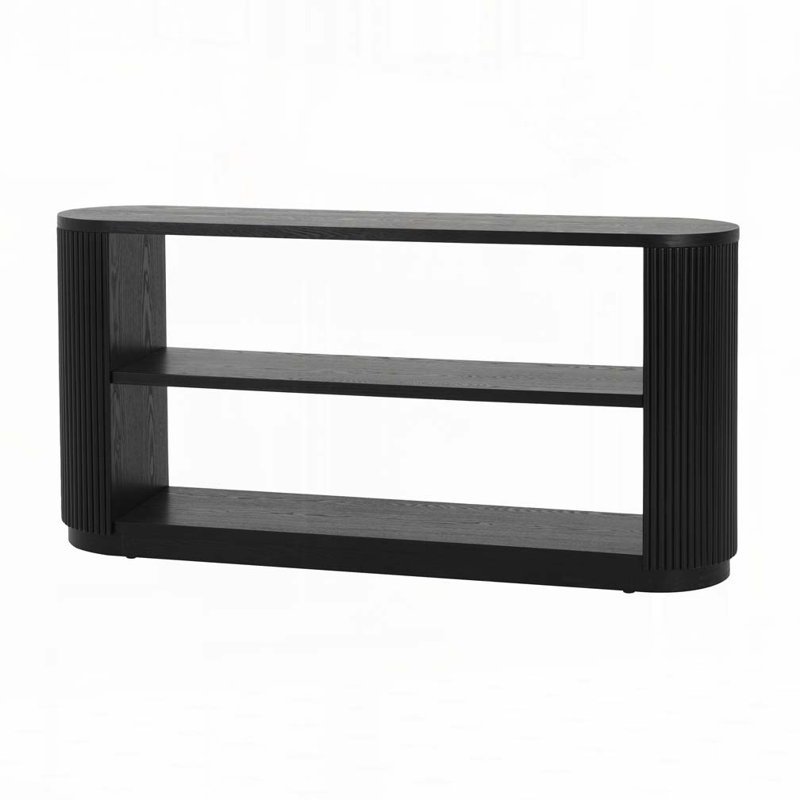 Console ovale contemporaine avec côtés nervurés et deux tablettes ouvertes spacieuses, Noir