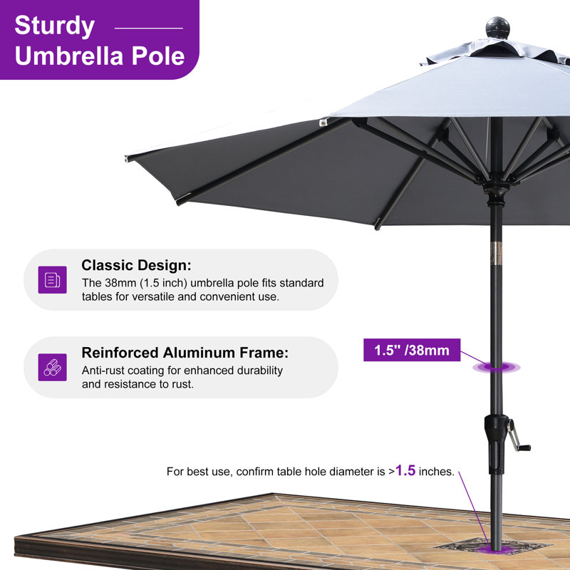 Parasol de table rond à manivelle et inclinable avec système de manivelle de marché, H 98 po x l 94 po x P 94 po, Gris clair