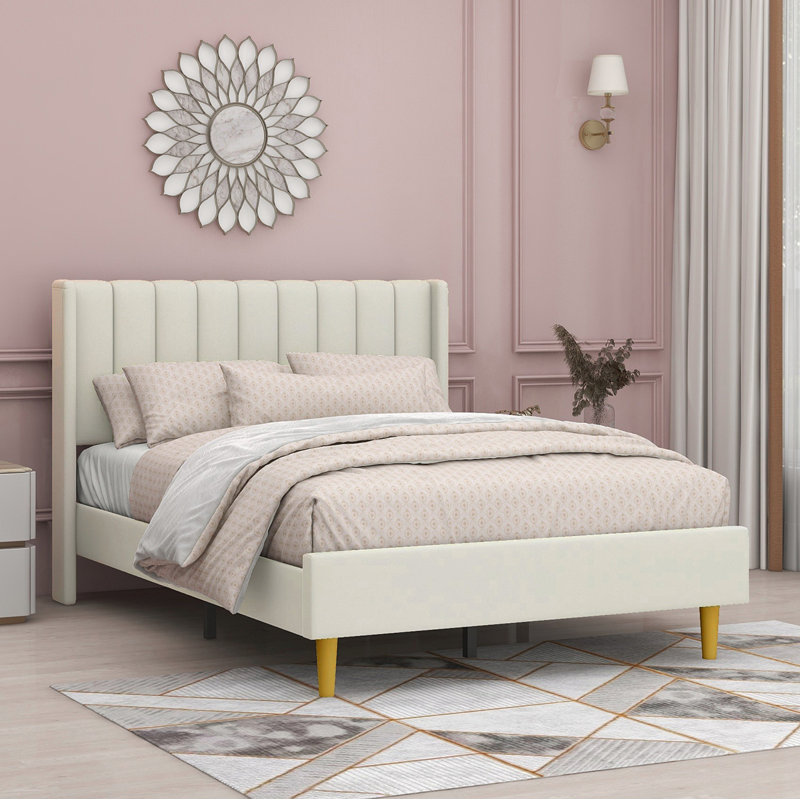 Eriksay Low Profile Upholstered Platform Bed with Wingback Headboard, Full/Double, Cream Velvet