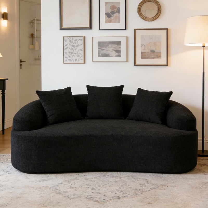 Boneless Curved Loveseat: Compressed Packaging, Chenille Fabric, 30D Sponge, No Assembly, Black