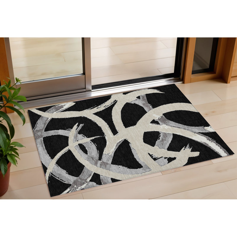 Tapis intérieur lavable abstrait 3 pi x 5 pi noir