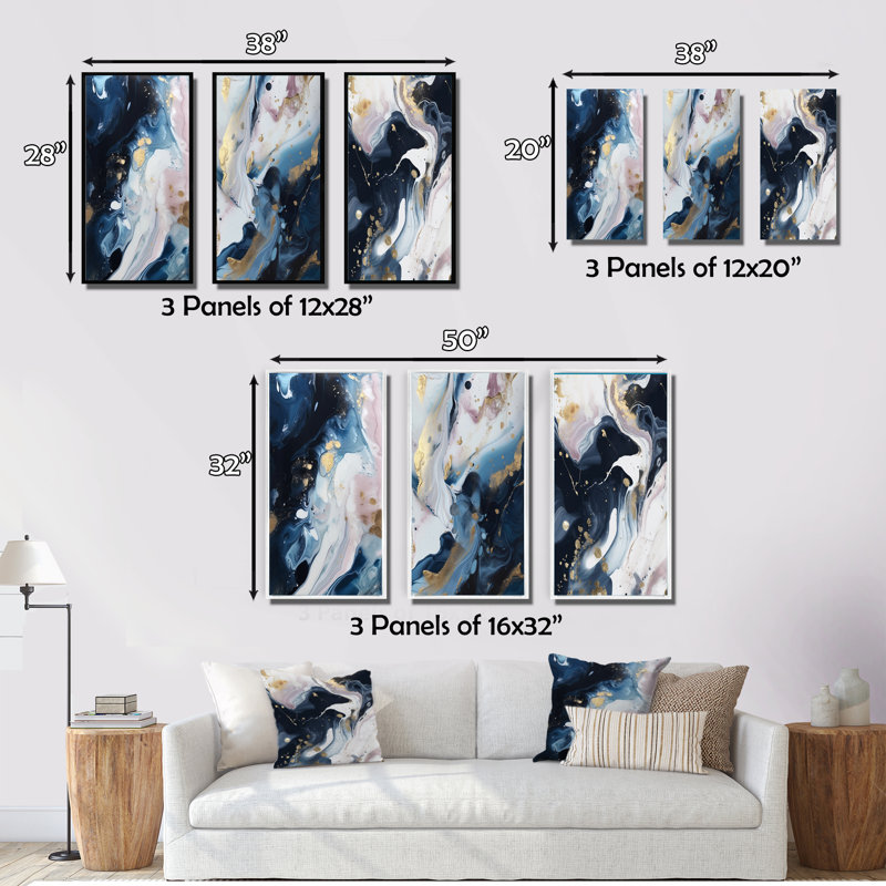 «Blue and White Enigmatic Stones», 3 pièces sur toile, H 20 po x l 36 po, Cadre flottant noir