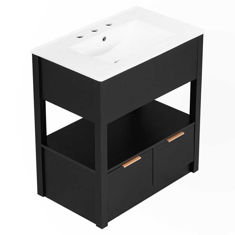 Armoire de salle de bain avec tablette de rangement ouverte, Noir