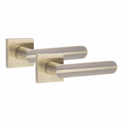  1 Pair Modern Lima Knurled Design Premium Door Handles on Square Rose in Antique Brass Finish