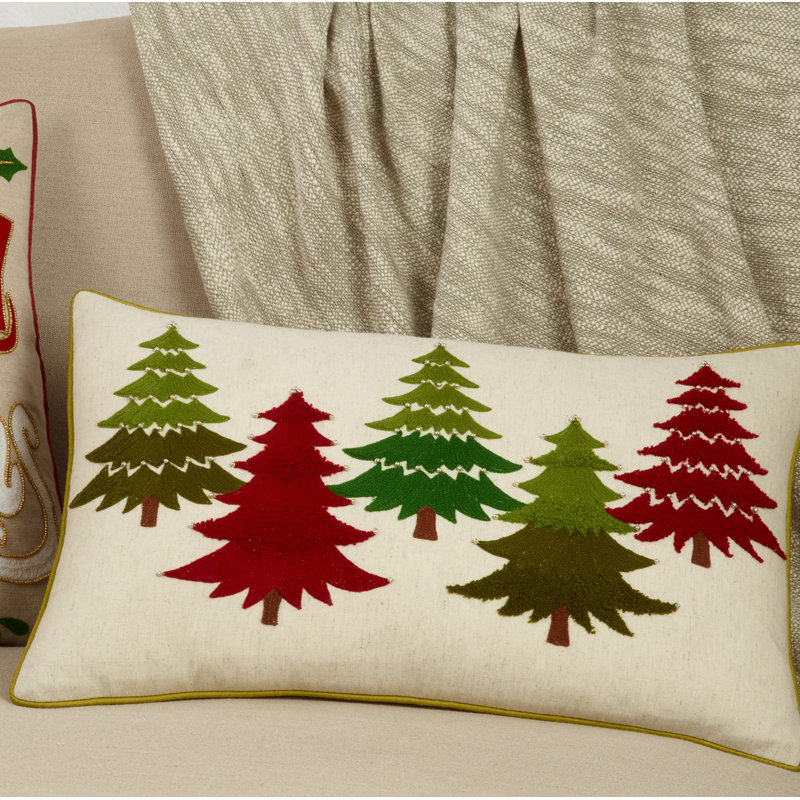 Coussin brodé arbre de Noël, housse seulement, Plumes, H 14 po x l 22 po