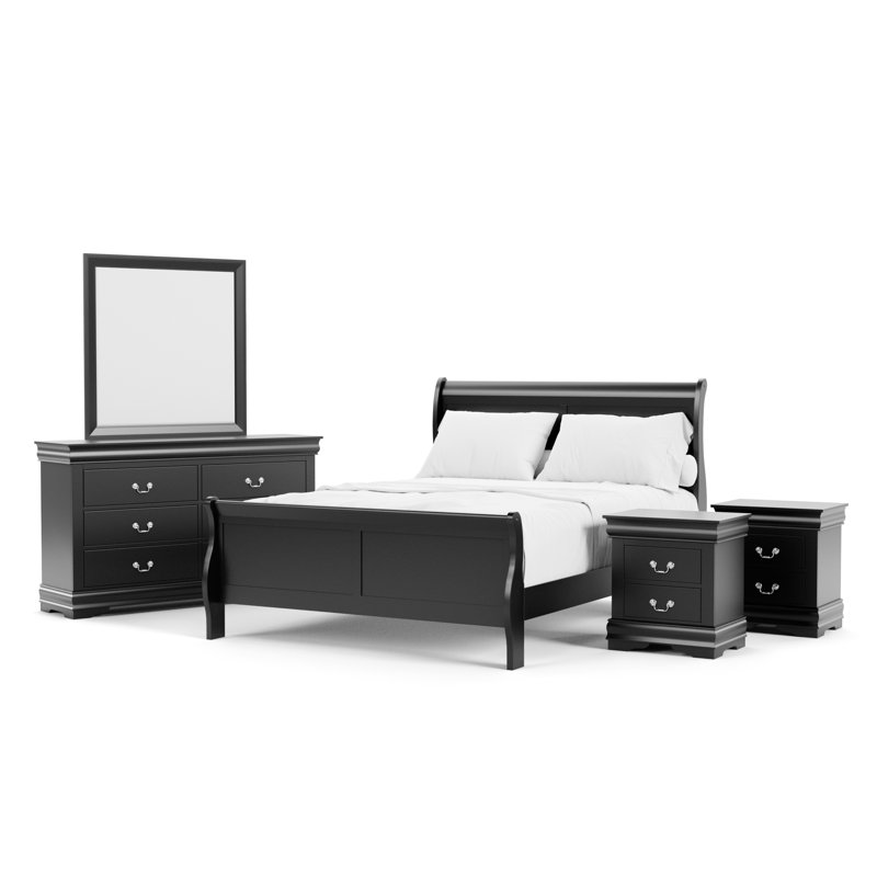 Ensemble de chambre à coucher Emelinda, Noir, Cinq pièces : Lit, 2 tables de chevet, commode, m, Grand