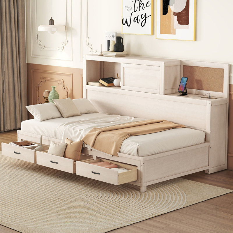 Lit de jour simple en bois avec 3 tiroirs de rangement, tablette souple supérieure, tablette et ensemble de prises et ports USB