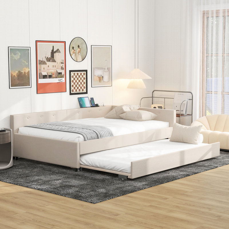 Lit plateforme tapissier beige avec lit gigogne simple - construction solide, sans sommier tapissier pour une chambre chaleureuse avec sensation de bois plein, atmosphère romantique
