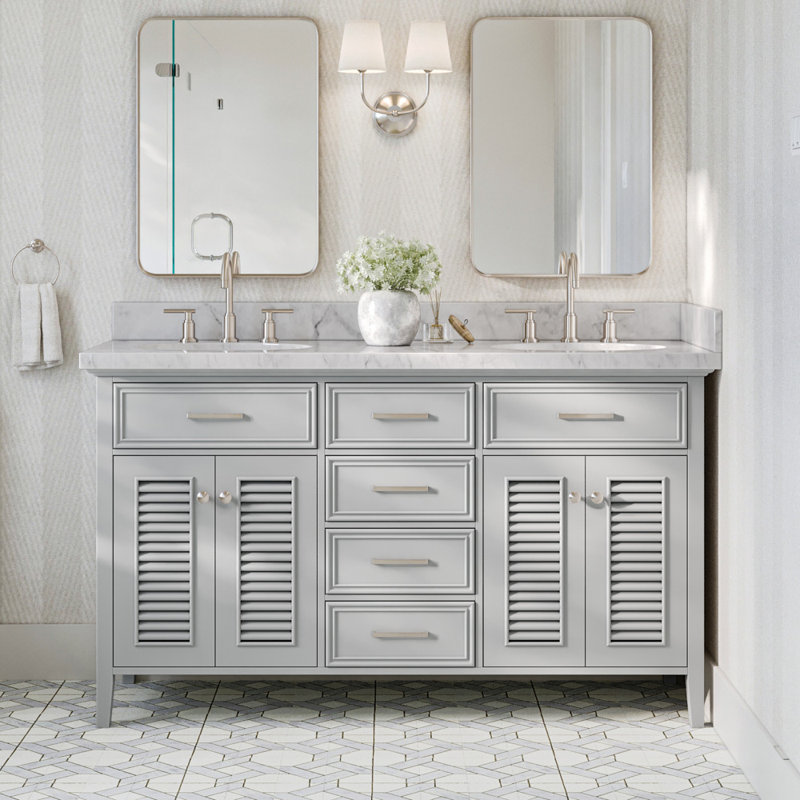 Kensington 61'' W Double Vanity, Oval, Gray, Carrara White Marble