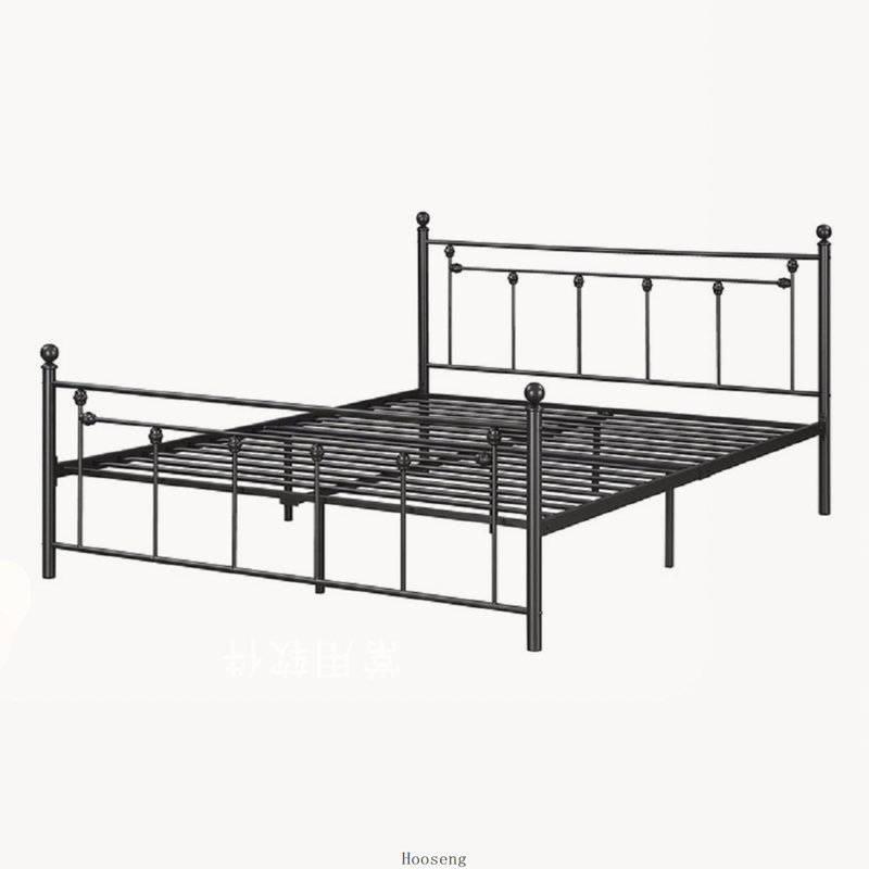 Lit plateforme victorien élégant en métal, style Queen, tête et pied de lit surélevés en forme de H, noir, Noir
