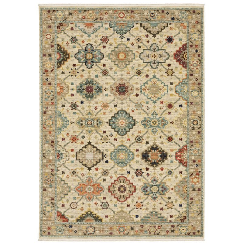 Tapis oriental en laine tissé à la machine Mickyla beige / vert / gris, Rectangle 9 pi 10 po x 12 pi 10 po
