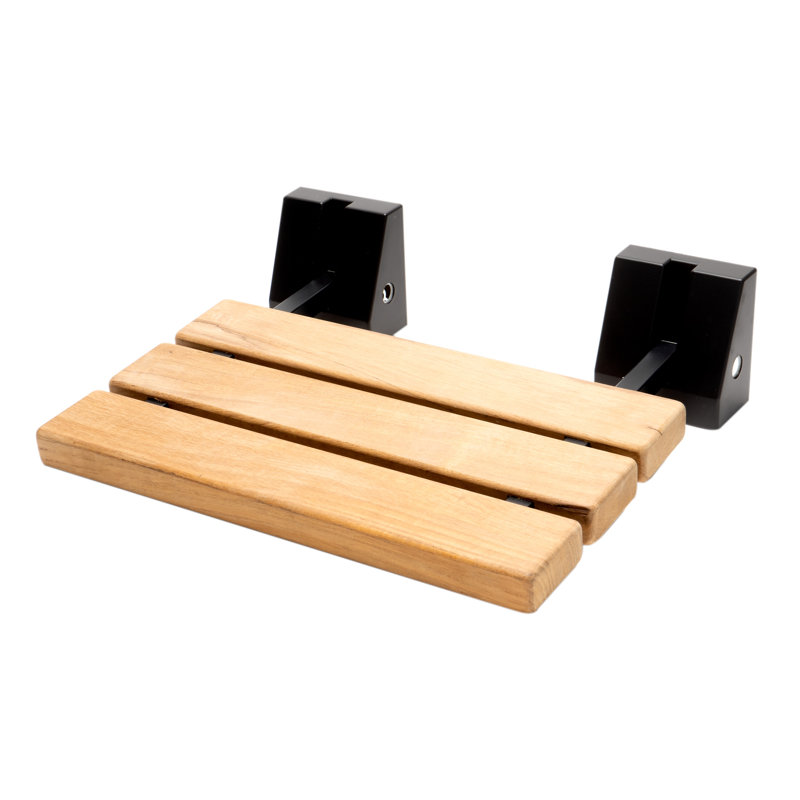 Foldable Teak and Black Matte Shower Seat with Square Hardware