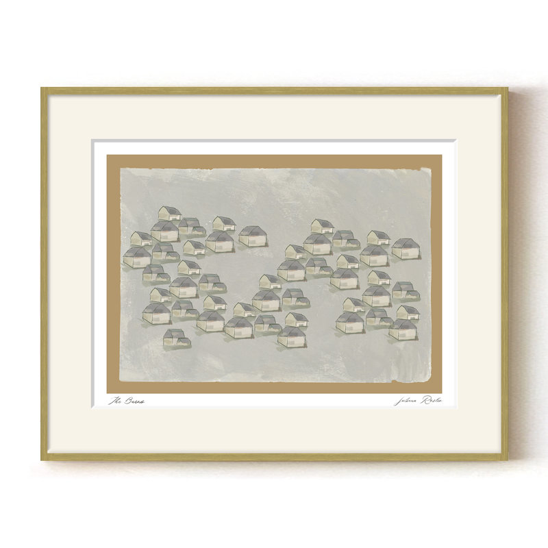 Mod-Ensemble The Barns par ChiChi - Reproduction d'art paysage minimaliste avec huttes | H 36 po x l 48 po | Cadre doré, Doré