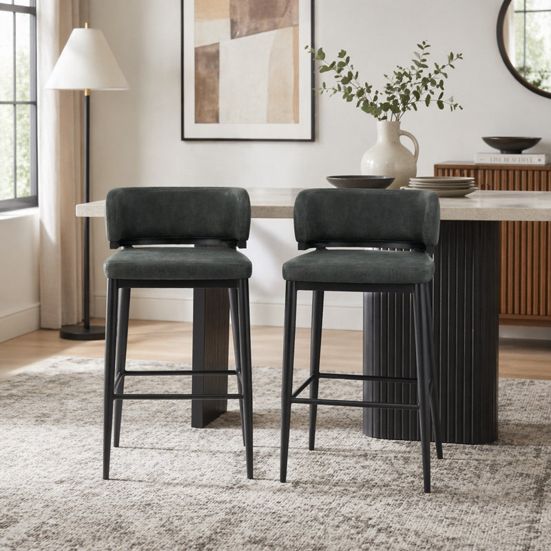 Ensemble de 2 tabourets de bar à structure en métal avec sièges en cuir, Vert foncé