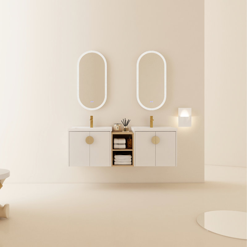 Meuble-lavabo mural 60 po. Couleur blanc brillant. Lavabo et petit rangement inclus. Bassin en céramique, fabrication en contreplaqué. 2 armoires et lavabos. Assemblage requis, montage moderne, blanc. Tablettes.
