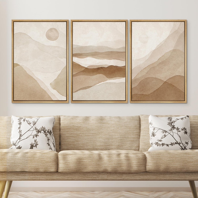Brun clair, sérénité, soleil, montagne, paysage, art minimaliste, reproduction d'art sur toile encadrée, 3 pièces, Naturel